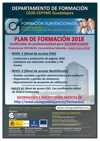 Abierto el plazo de inscripción para los cursos gratuitos con certificado de profesionalidad en Guadalajara