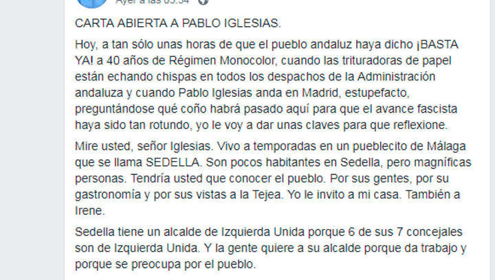 Carta viral a Pablo Iglesias : 'Cuando usted predica pobreza y sobriedad pero se compra un chalé, nace un fascista'