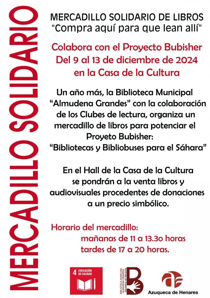 Mercadillo solidario en la Biblioteca Almudena Grandes de Azuqueca del 9 al 13 de diciembre