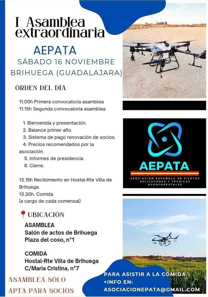 La Asociación Española de Pilotos Aplicadores y Técnicas Agroforestales, AEPATA, celebrará en Brihuega el 16 de noviembre su I Asamblea Extraordinaria