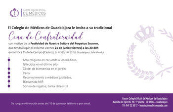 Cena de Confraternidad de la Festividad de la Patrona “Nuestra Señora del Perpetuo Socorro” de los médicos de Guadalajara (VER PROGRAMA)