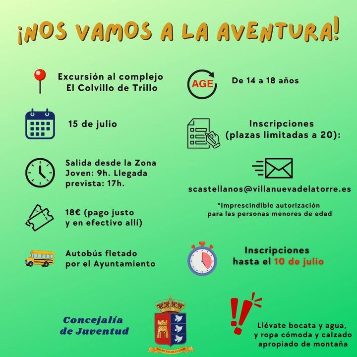 La concejalía de Juventud del Ayuntamiento de Villanueva de la Torre organiza una excursión al parque de aventura El Colvillo de Trillo