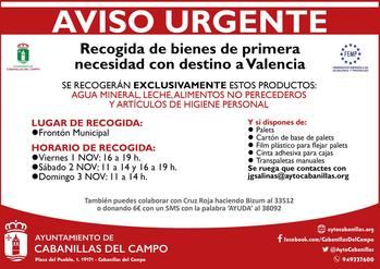 URGENTE: Llamamiento a la ciudadanía de Cabanillas para participar en una recogida de bienes de primera necesidad para Valencia