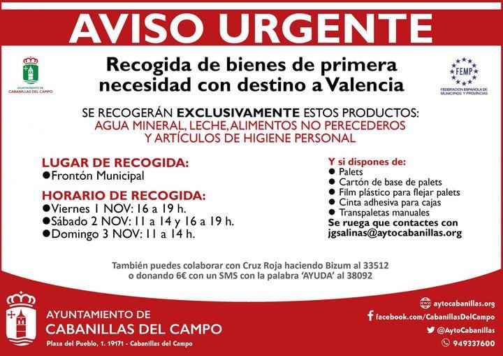 URGENTE: Llamamiento a la ciudadanía de Cabanillas para participar en una recogida de bienes de primera necesidad para Valencia