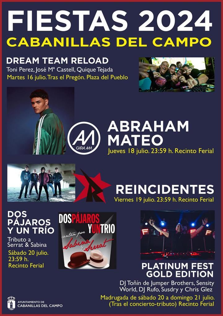 Abraham Mateo, “Reincidentes”, tributo a Serrat y Sabina, y la sesión dance “Platinum Fest”, grandes actuaciones de las Fiestas de Cabanillas 2024