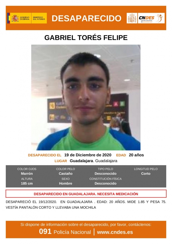 ATENCIÓN : La Policia Nacional pide colaboración para localizar a un joven de 20 años DESAPARECIDO en Guadalajara