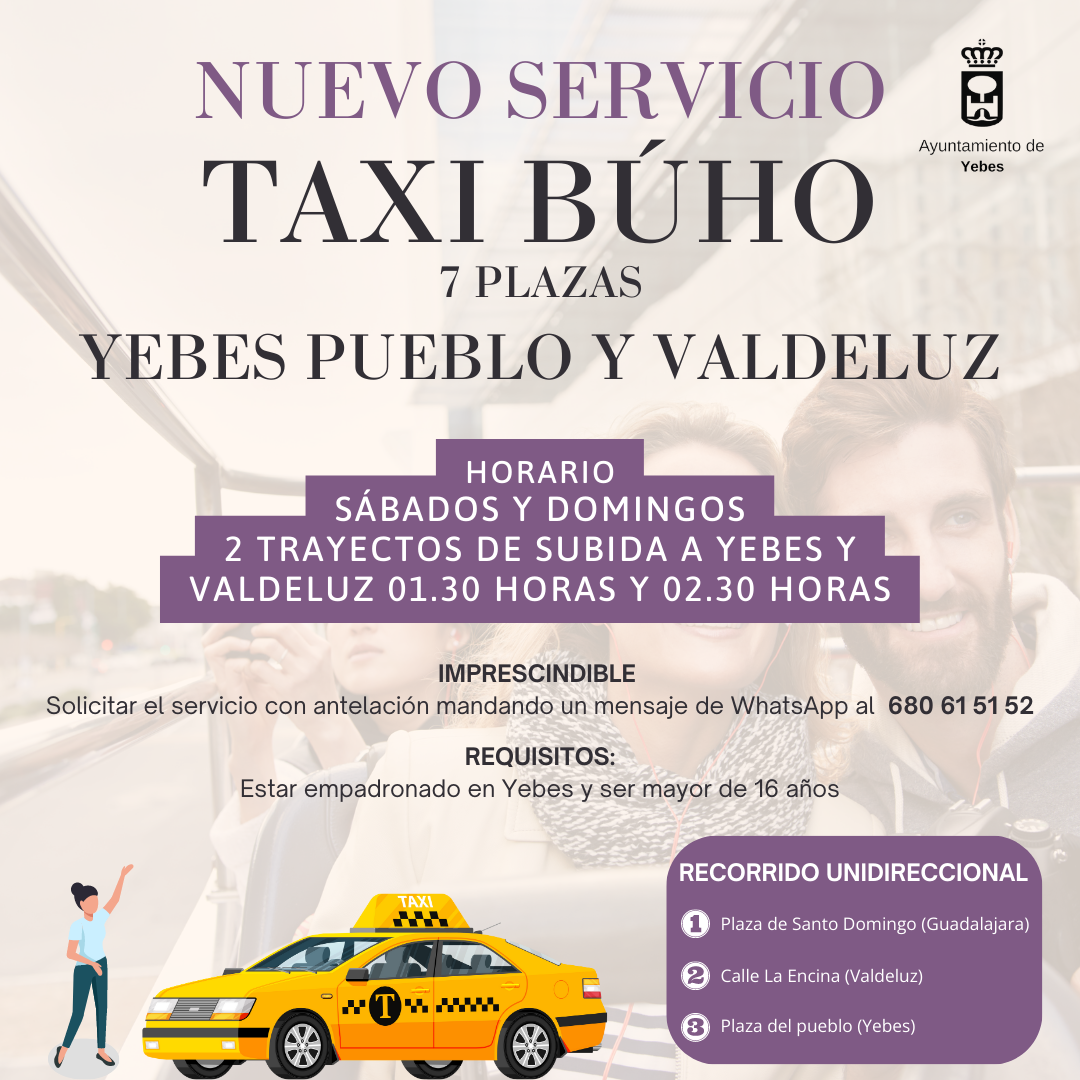 El Ayuntamiento de Yebes incorpora un nuevo servicio de transporte a demanda gratuito, taxi-búho, en reemplazo del servicio de autobús nocturno