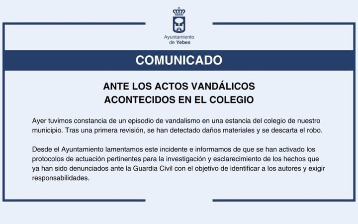 Vandalismo en colegio: El Ayuntamiento de Yebes activa protocolos de investigación